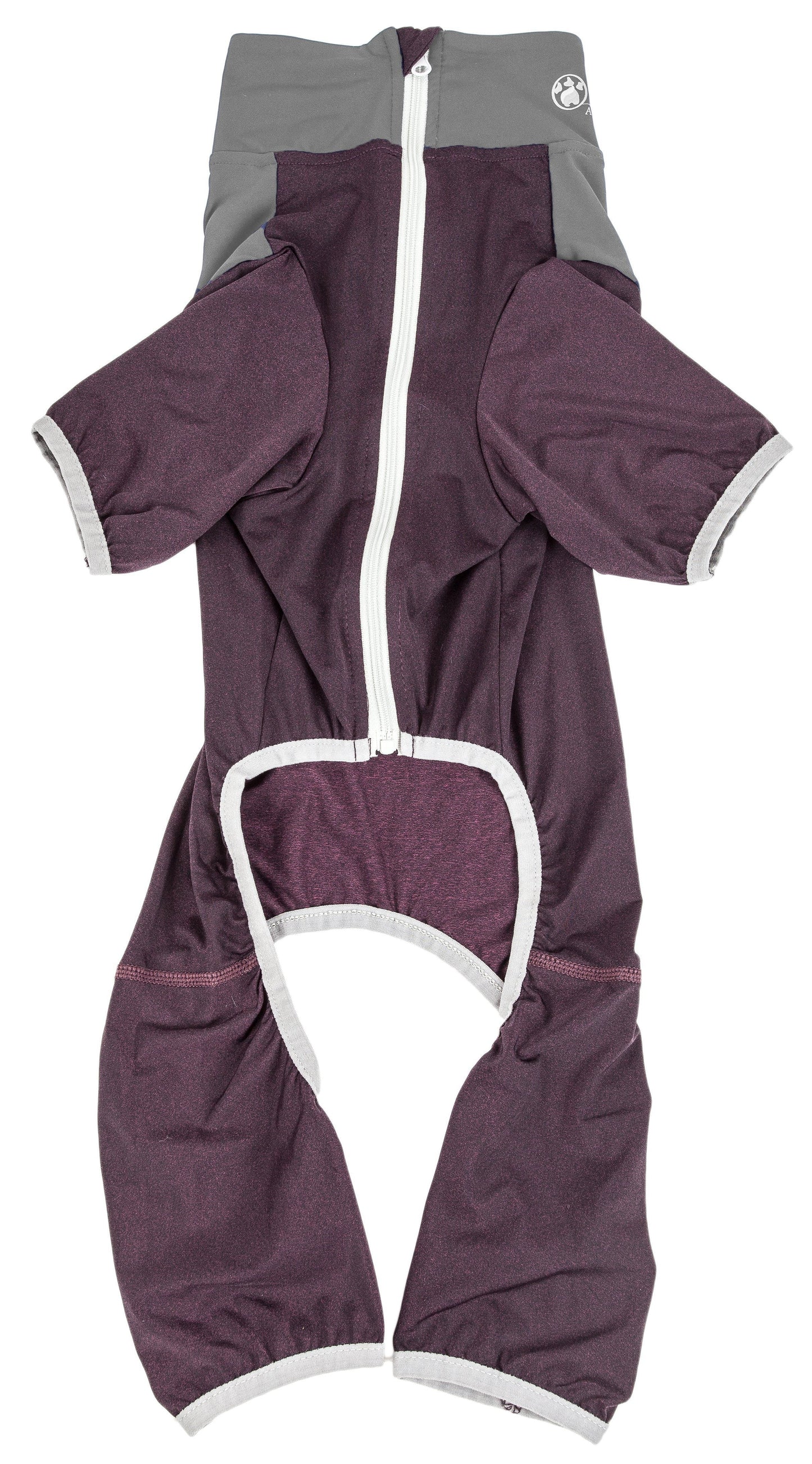 Purple and gray baby romper with white accents on a white background