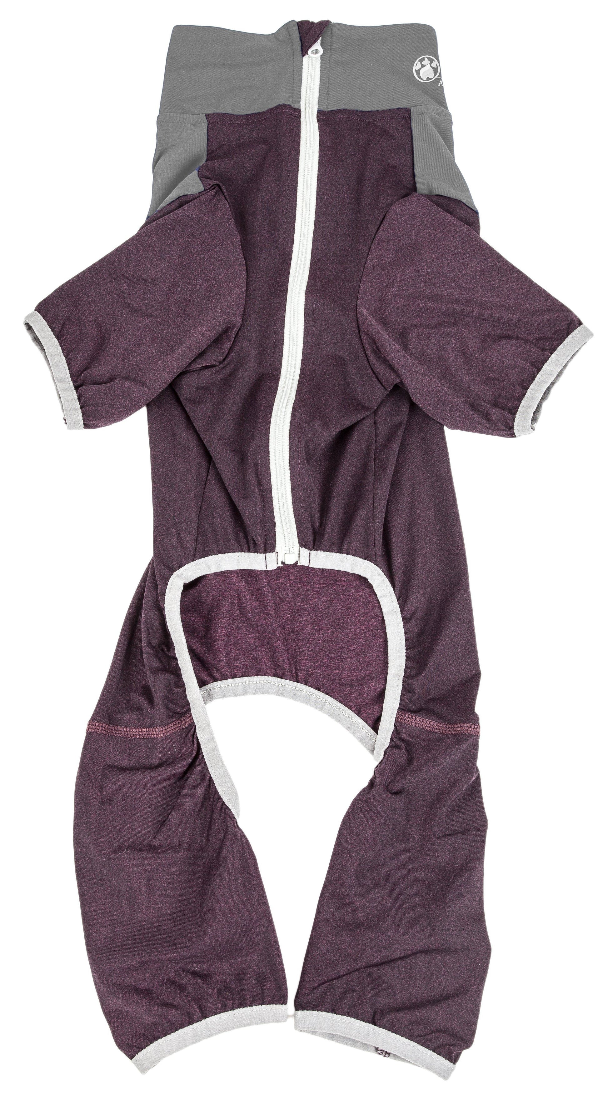 Purple and gray baby romper with white accents on a white background