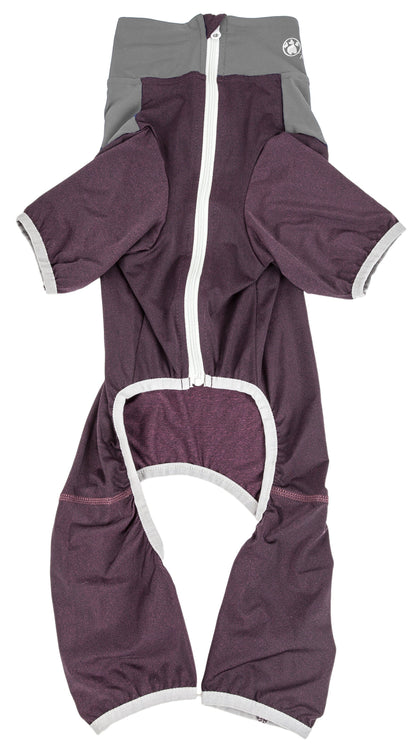 Purple and gray baby romper with white accents on a white background
