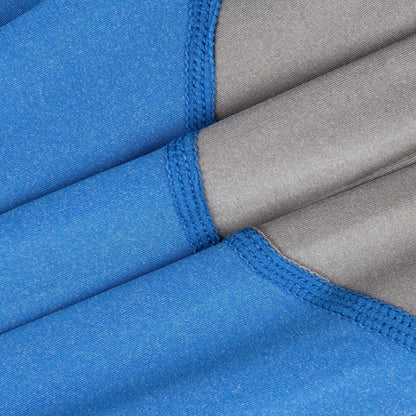 Close-up of blue and gray fabric with a visible seam