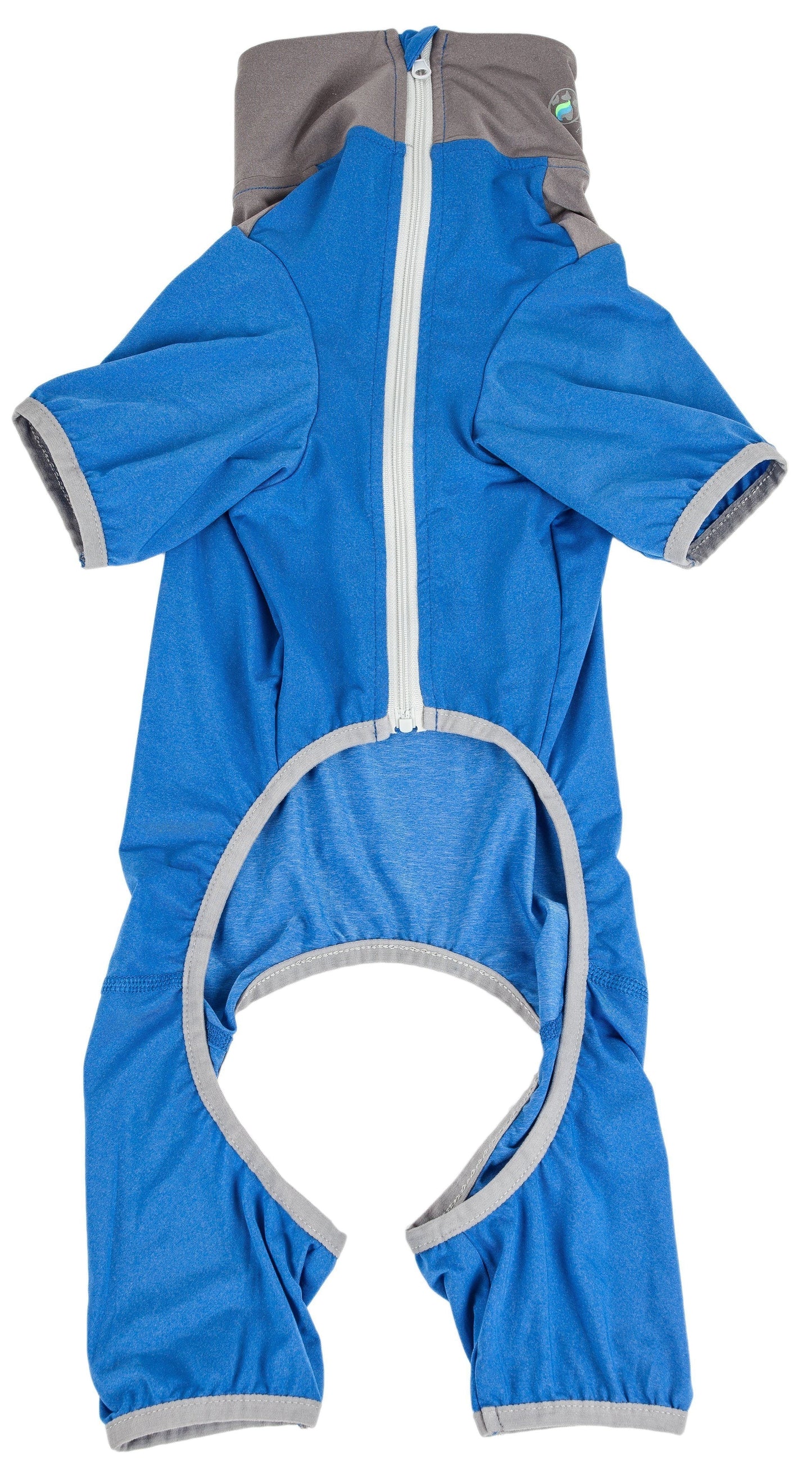 Blue baby romper with gray accents on a white background