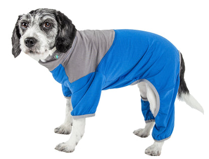 Dog wearing a blue and gray onesie on a white background