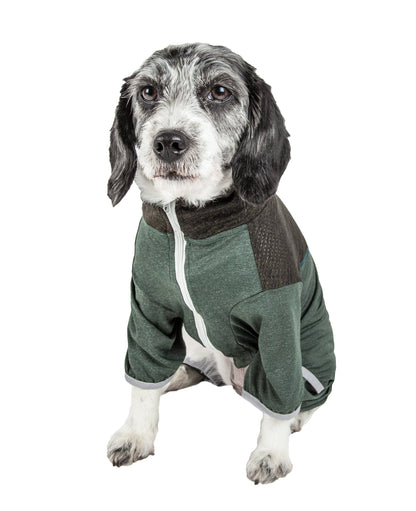 Dog wearing a green and brown fleece jacket on a white background