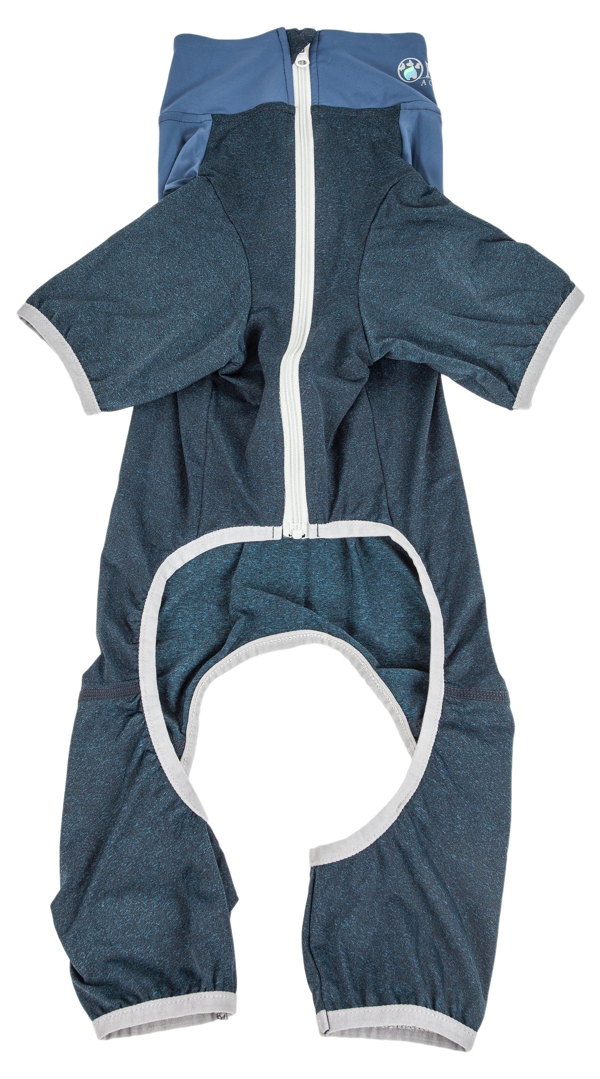 Blue baby romper with a white zipper on a white background