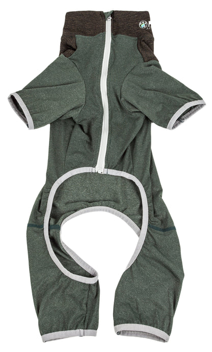 Green pet romper with brown accents on a white background