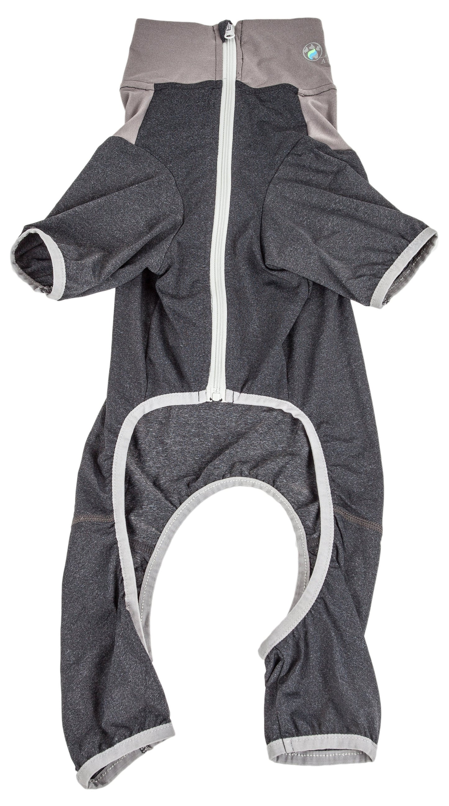 Gray and white baby romper with a zipper on a white background