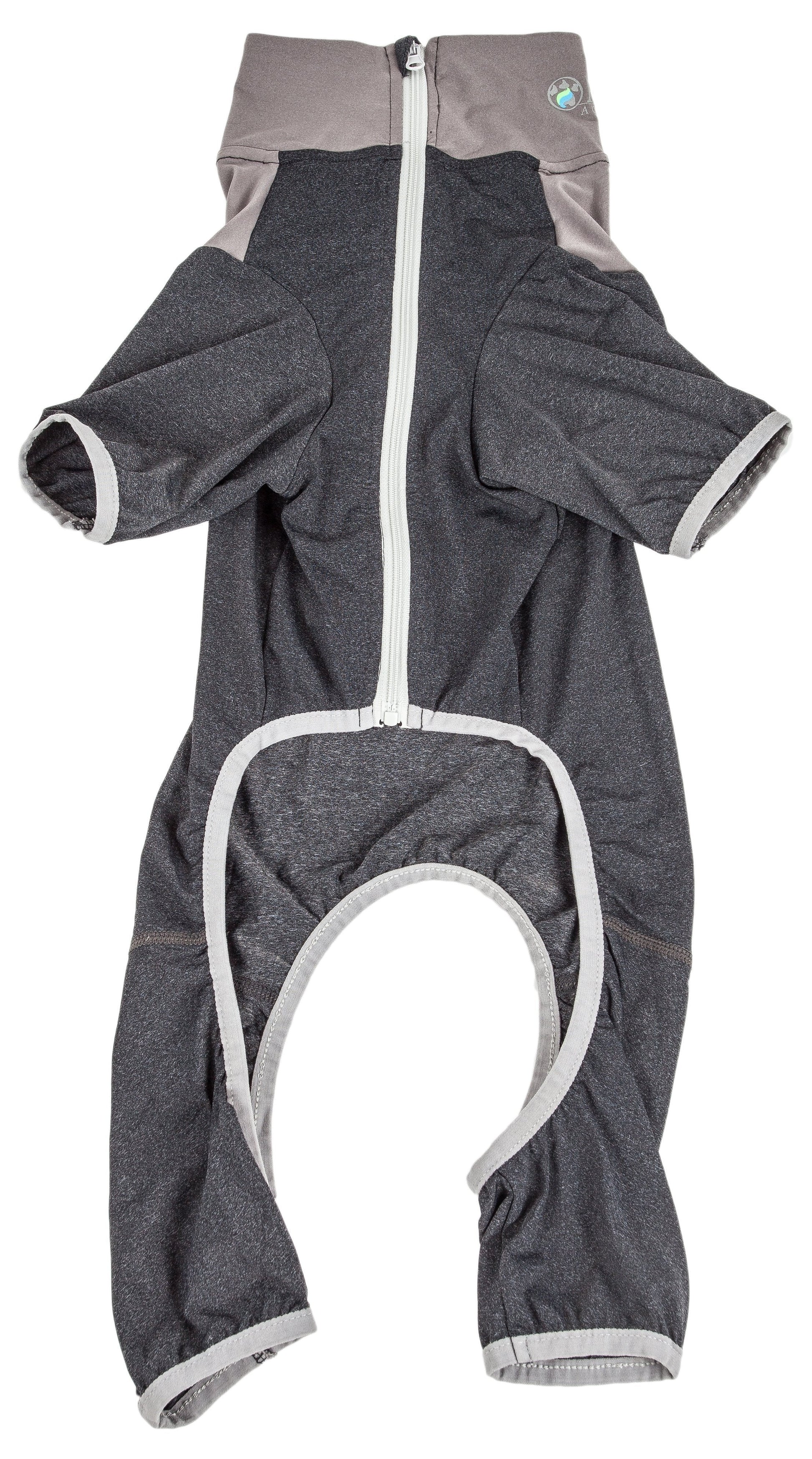 Gray and white baby romper with a zipper on a white background