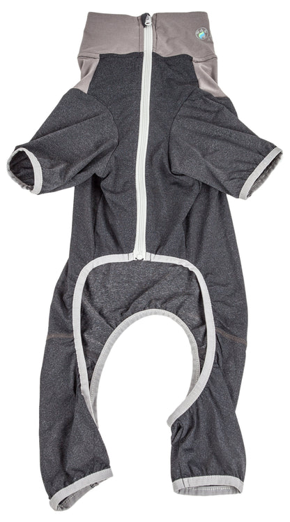 Gray and white baby romper with a zipper on a white background
