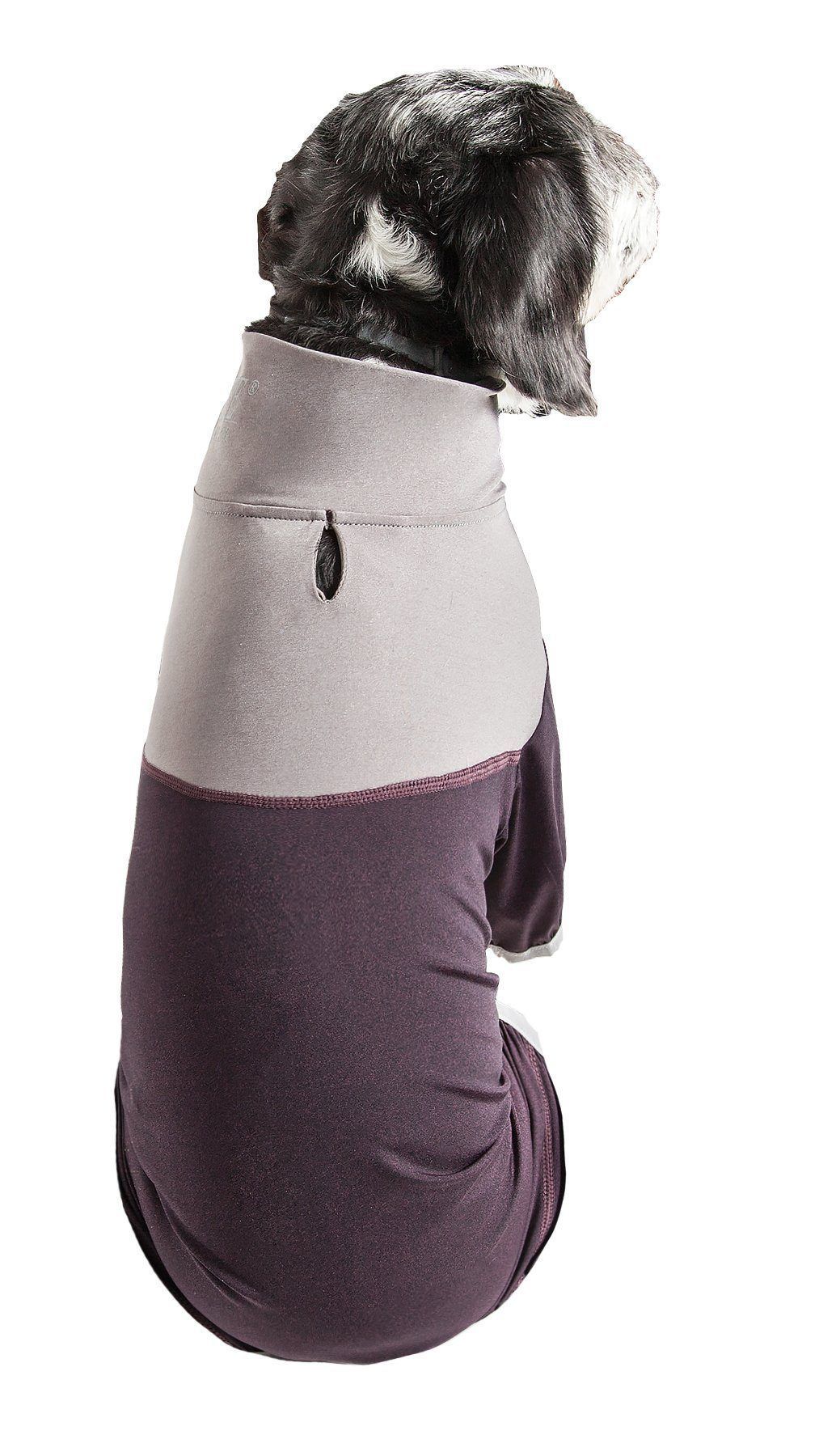 Dog wearing a two-tone gray and purple sweater on a white background