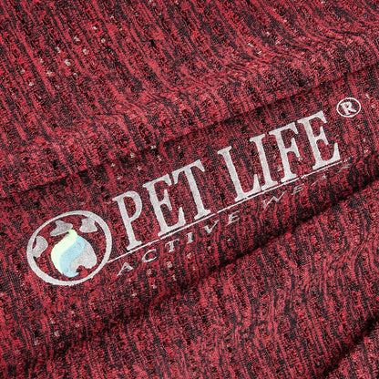 Close-up of red fabric with 'Pet Life Active' logo.