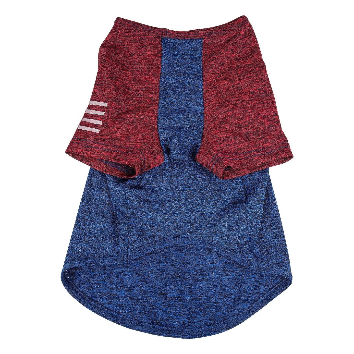 Blue and red athletic shorts with a small white logo on a white background