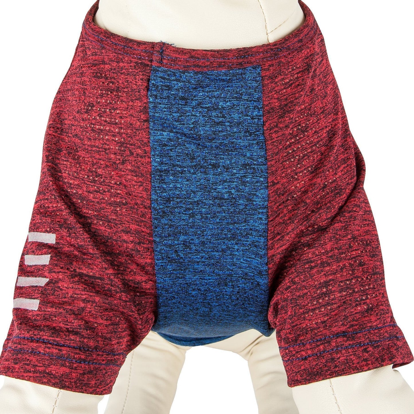 Red and blue shorts on a mannequin with a white background