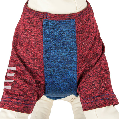 Red and blue shorts on a mannequin with a white background