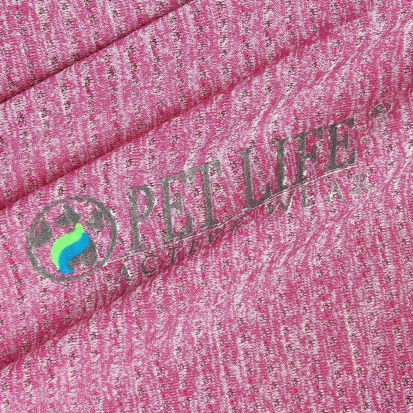 Close-up of pink textured fabric with 'PET LIFE' logo.
