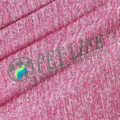 Close-up of pink textured fabric with 'PET LIFE' logo.