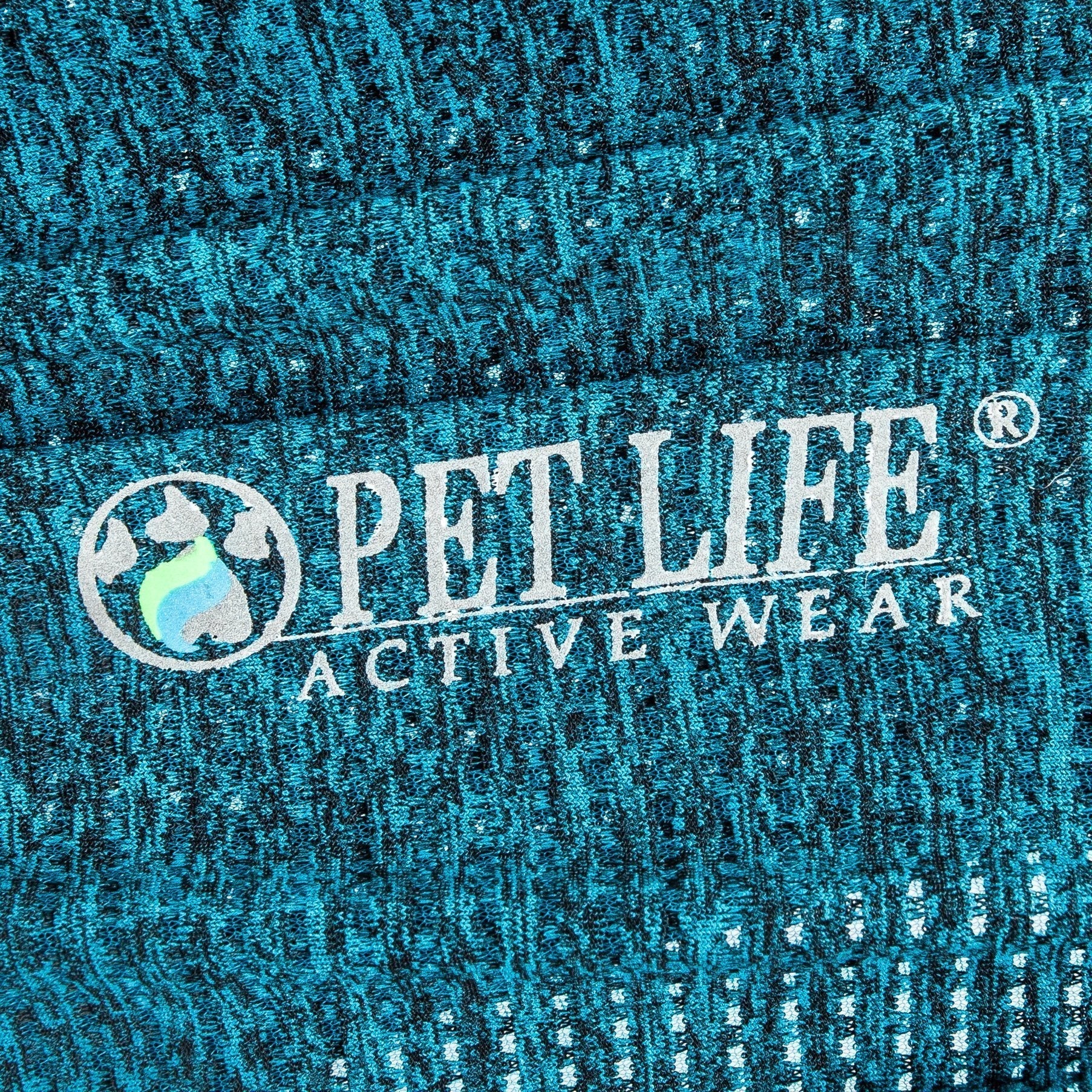 Close-up of 'Pet Life Active Wear' logo on textured blue fabric.