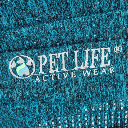 Close-up of 'Pet Life Active Wear' logo on textured blue fabric.