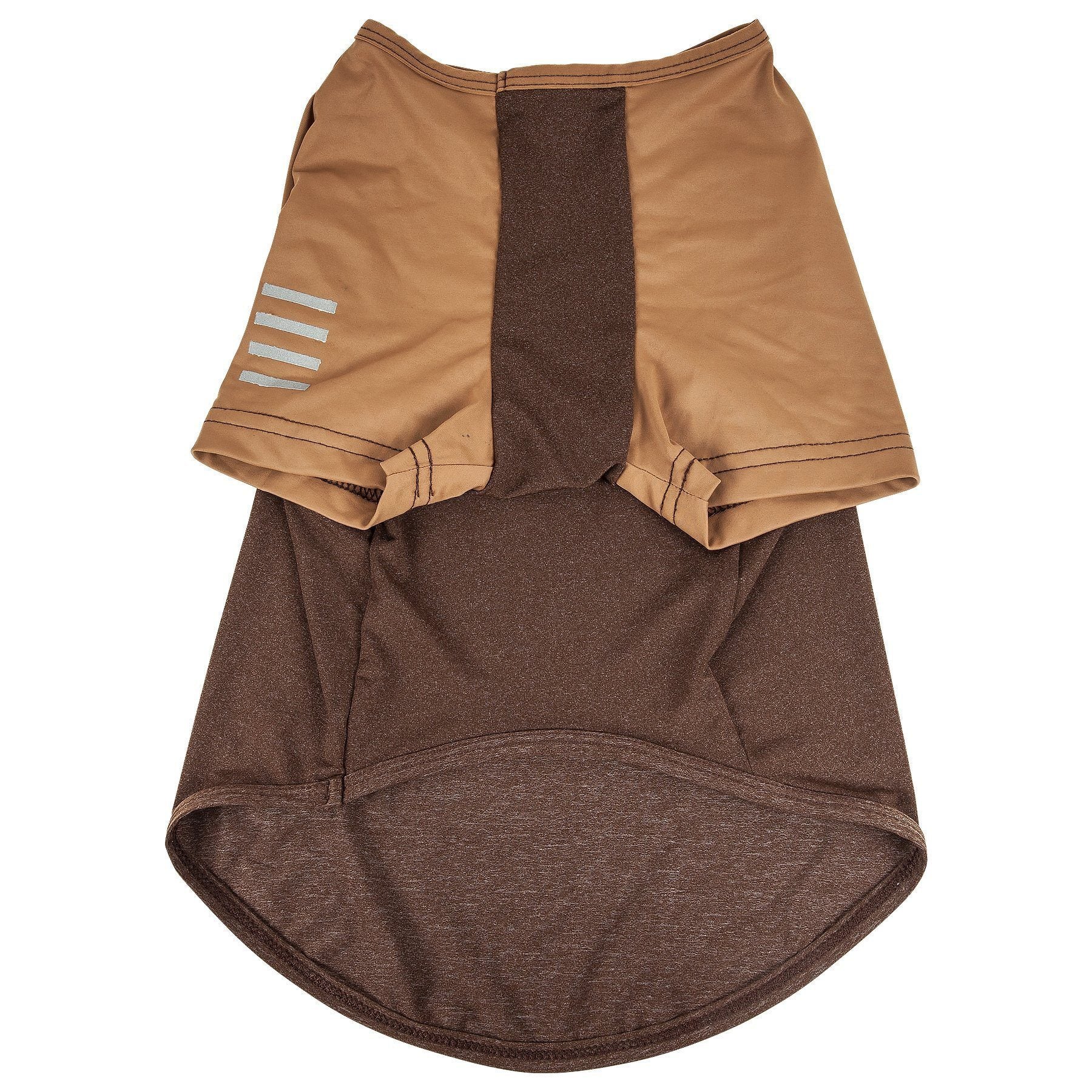 Brown and beige dog dress with a unique design on a white background