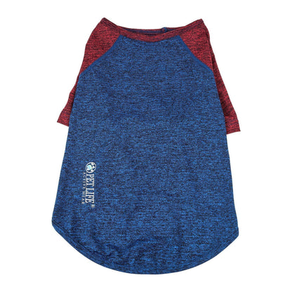 Blue pet shirt with red sleeves on a white background