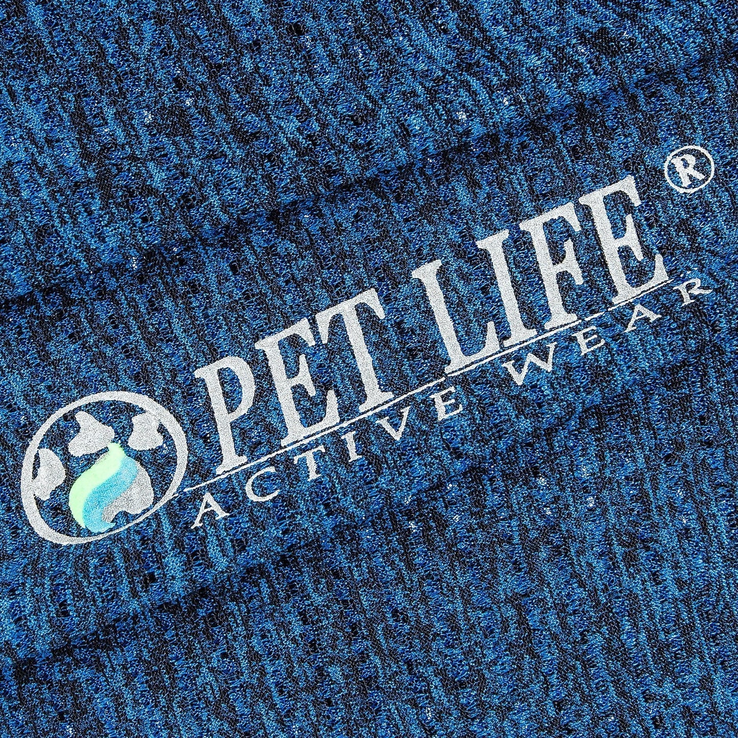 Close-up of 'Pet Life Active Wear' logo on blue textured fabric