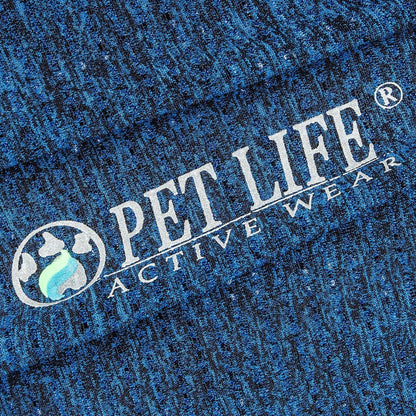 Close-up of 'Pet Life Active Wear' logo on blue textured fabric