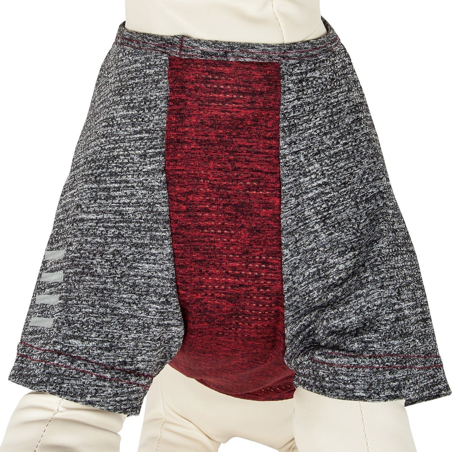 Textured shorts with a red panel on a white background