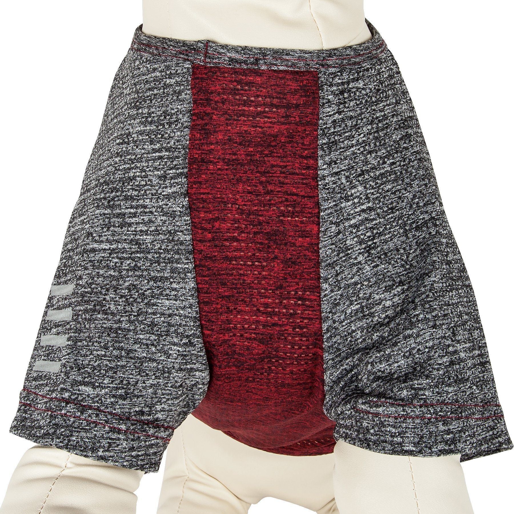 Textured shorts with a red panel on a white background