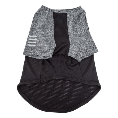 Black and gray athletic outfit with mesh design on a white background