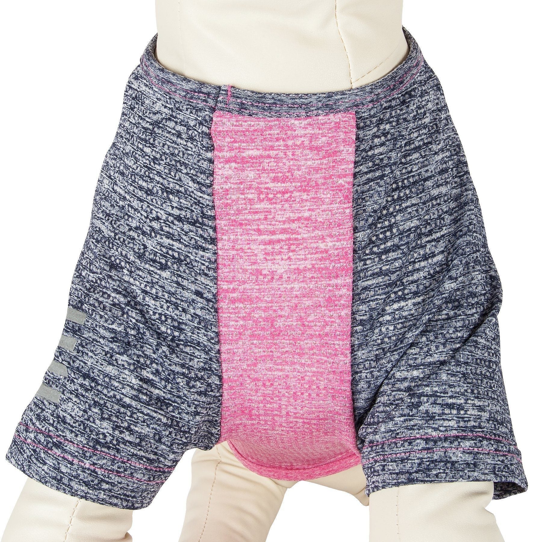 Two-tone skirt with pink and gray pattern on a mannequin against a white background