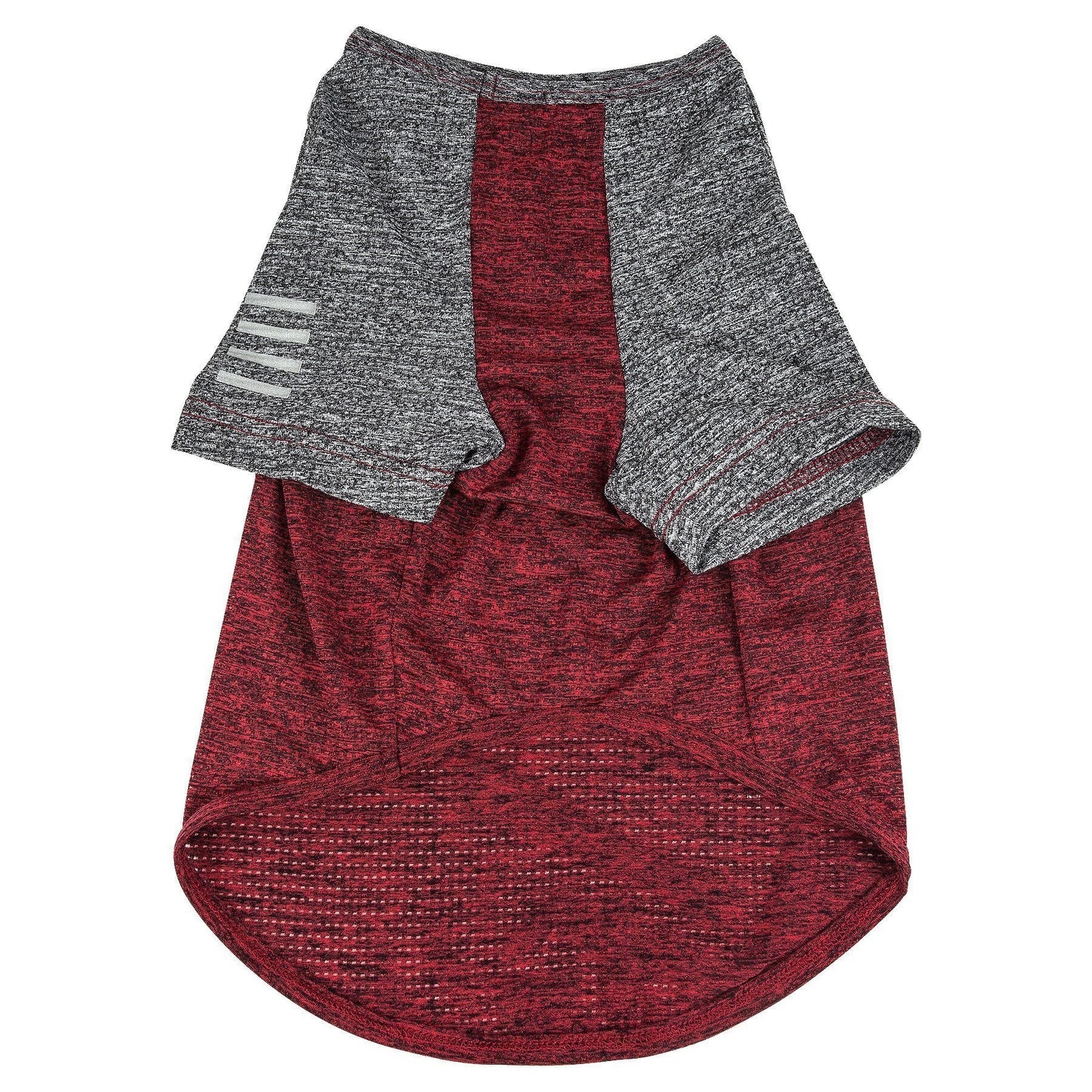 Red and gray dog shirt with three white stripes on a white background