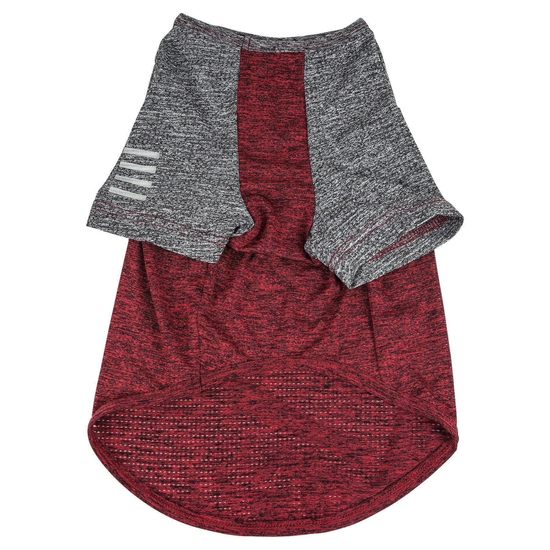 Red and gray dog shirt with three white stripes on a white background