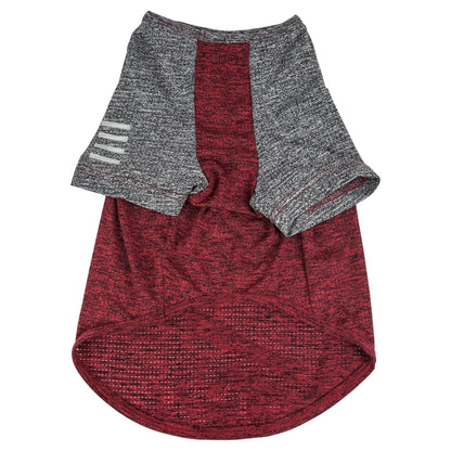 Red and gray dog shirt with three white stripes on a white background