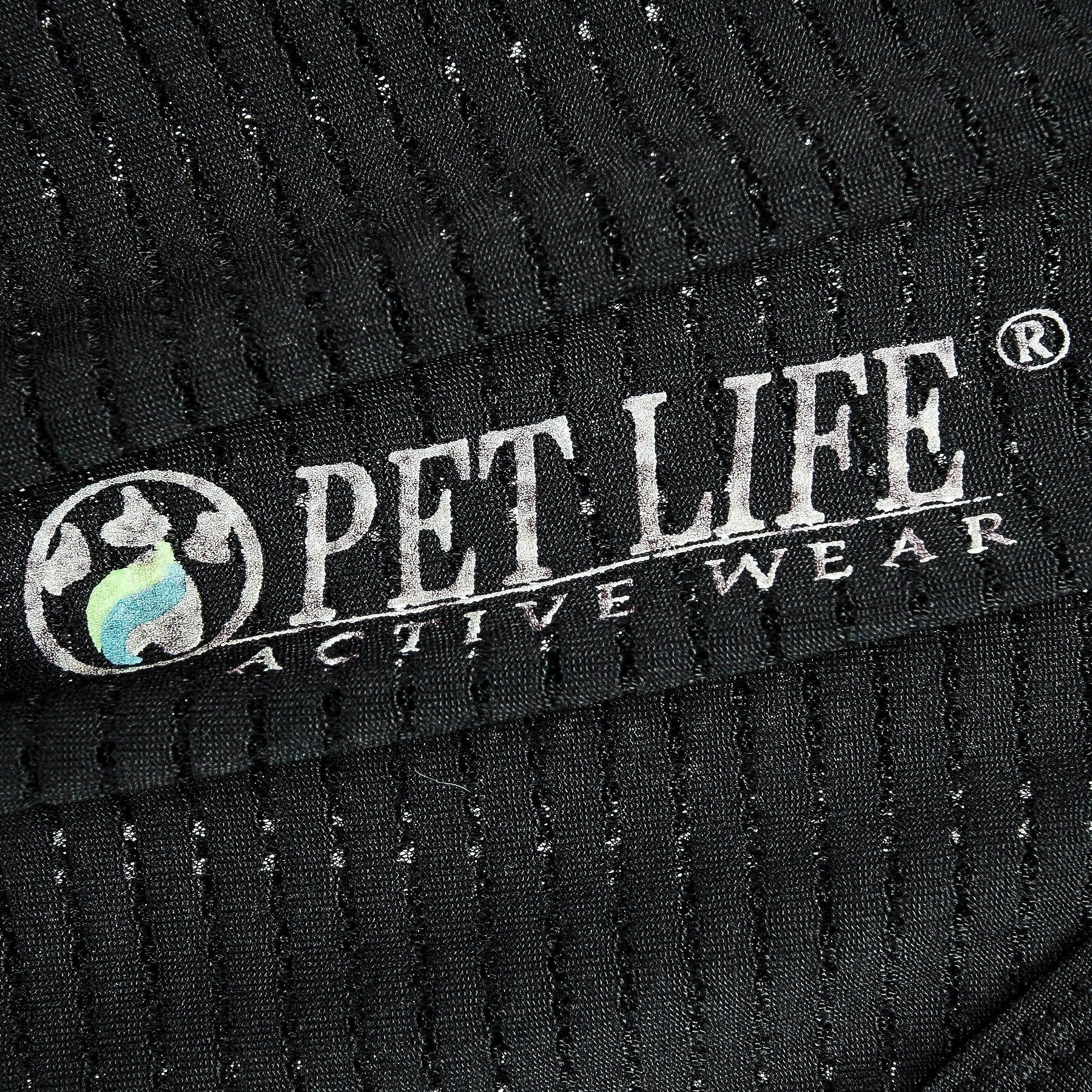 Close-up of a black pet garment with 'Pet Life Active Wear' logo.