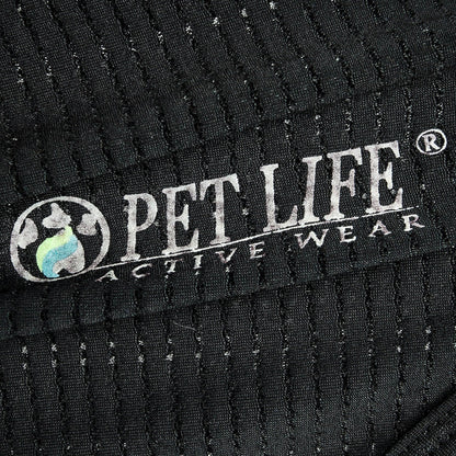 Close-up of a black pet garment with 'Pet Life Active Wear' logo.