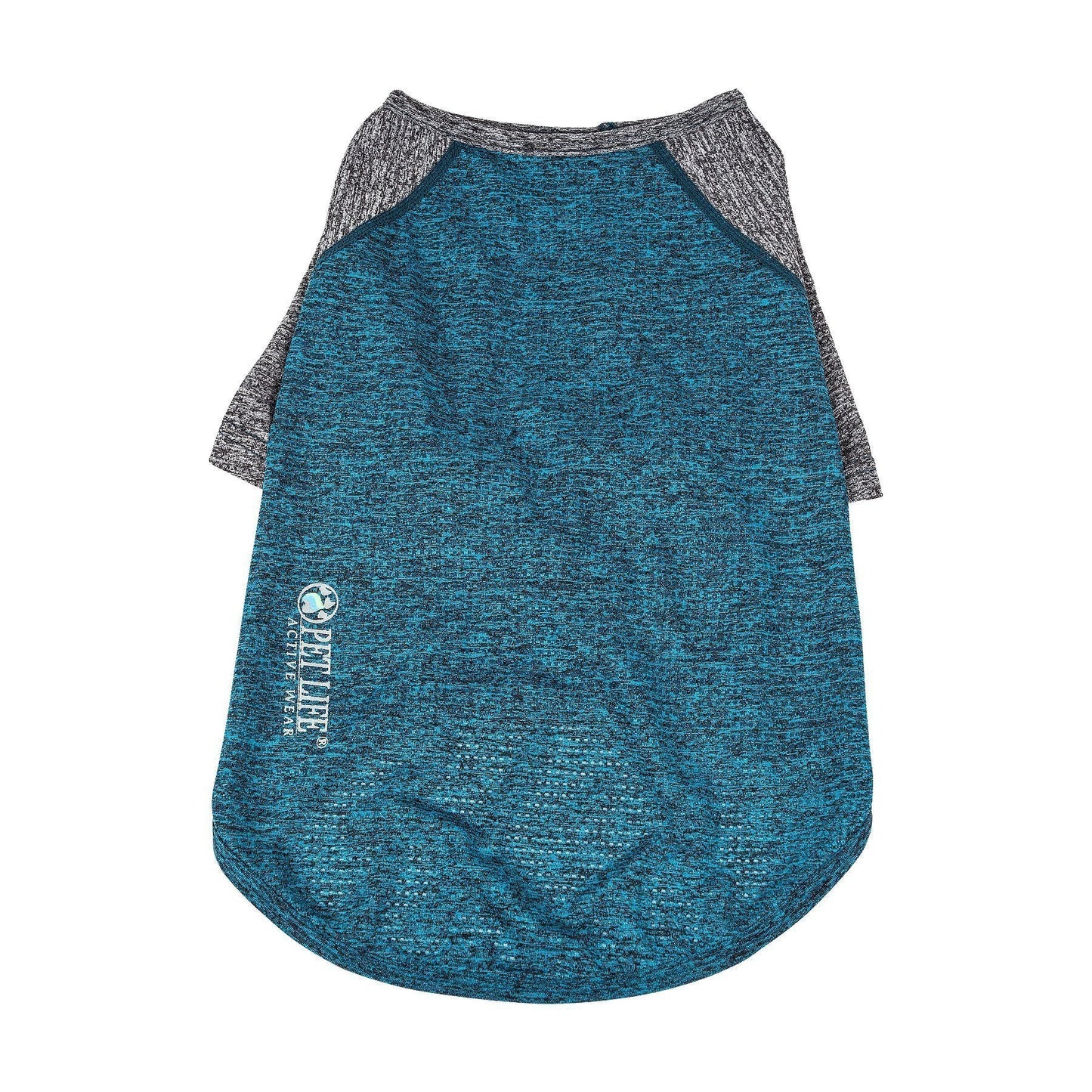 Blue pet shirt with gray sleeves on a white background