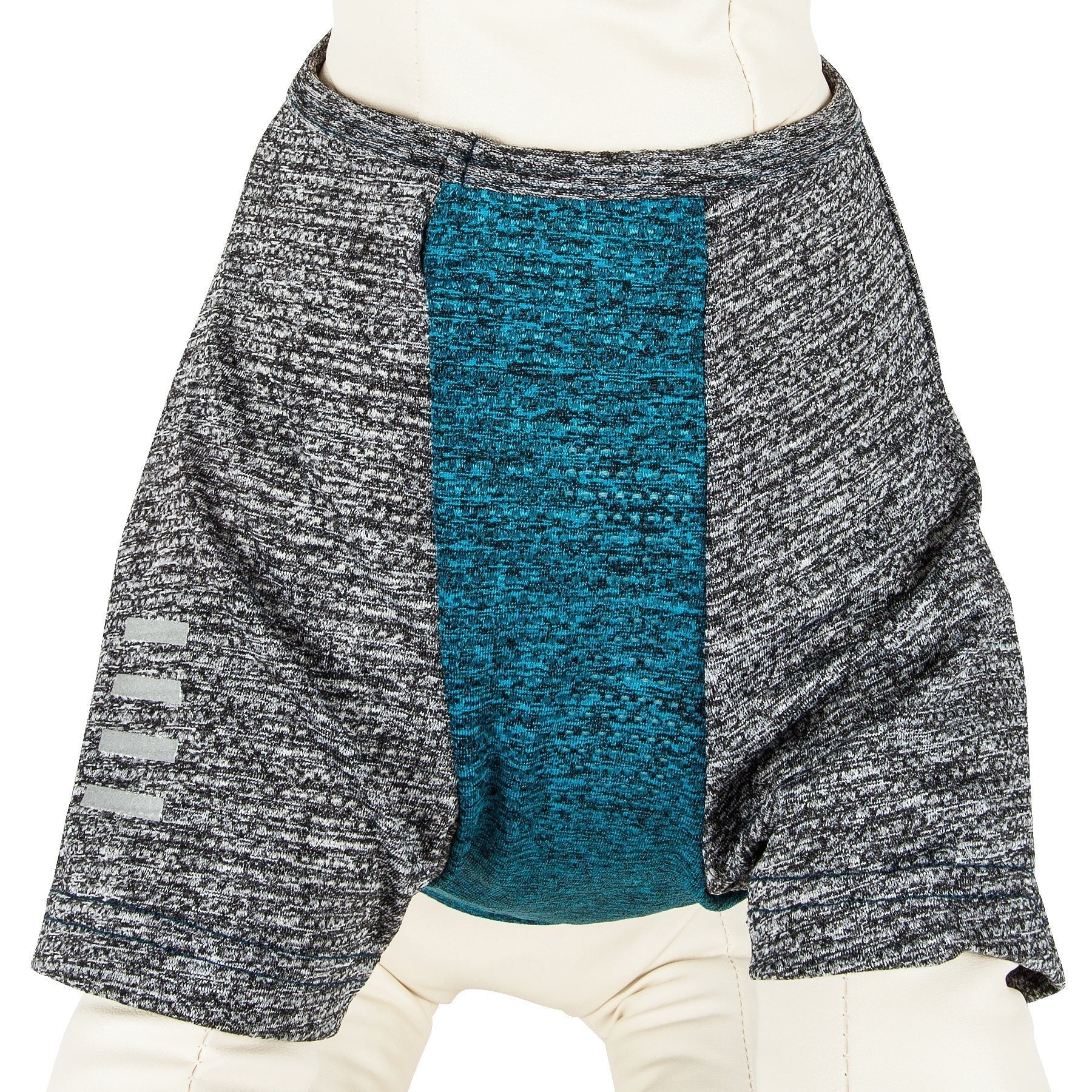 Mannequin wearing a gray and blue patterned skirt with a white background