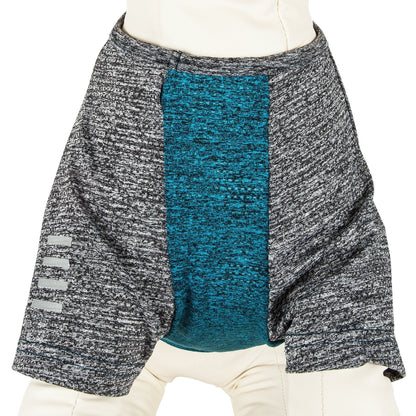 Mannequin wearing a gray and blue patterned skirt with a white background