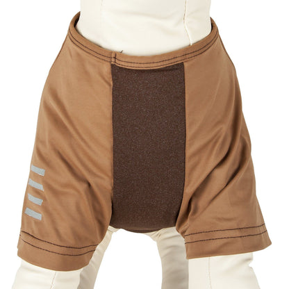 Brown shorts with a brown patch and white stripes on a white background