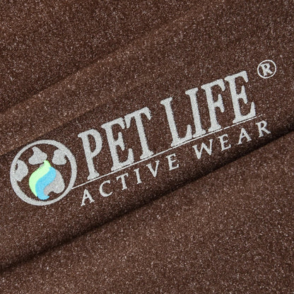 Close-up of 'Pet Life Active Wear' logo on brown fabric