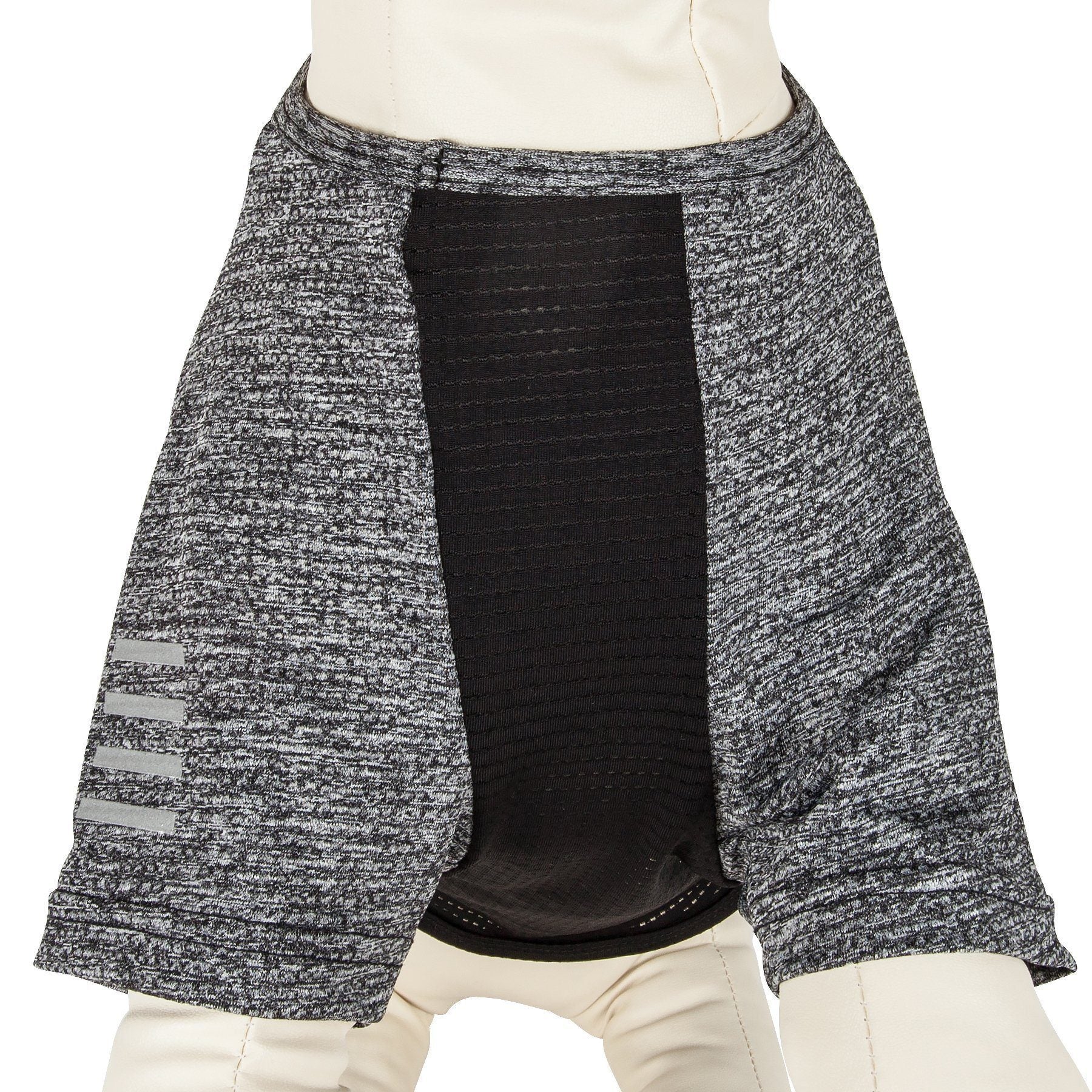 Gray and black athletic shorts with a white background