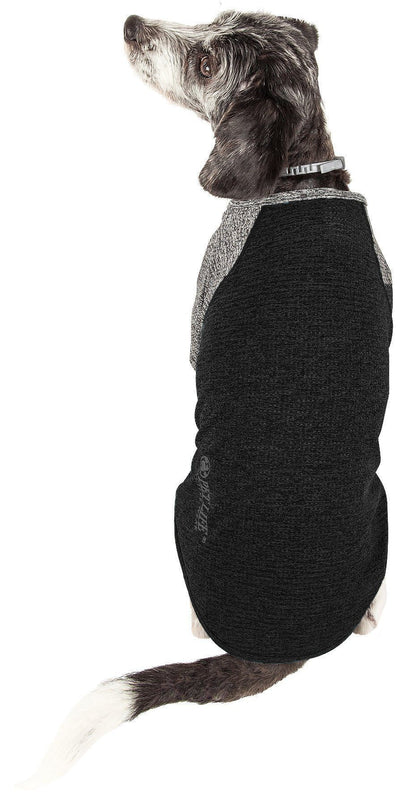 Dog wearing a black and gray sweater on a white background