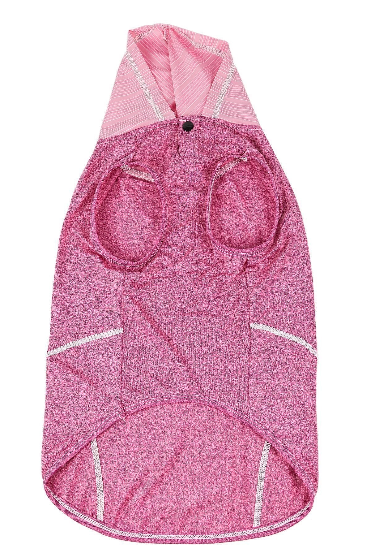 Pink dog hoodie with white accents on a white background