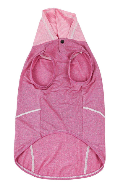 Pink dog hoodie with white accents on a white background