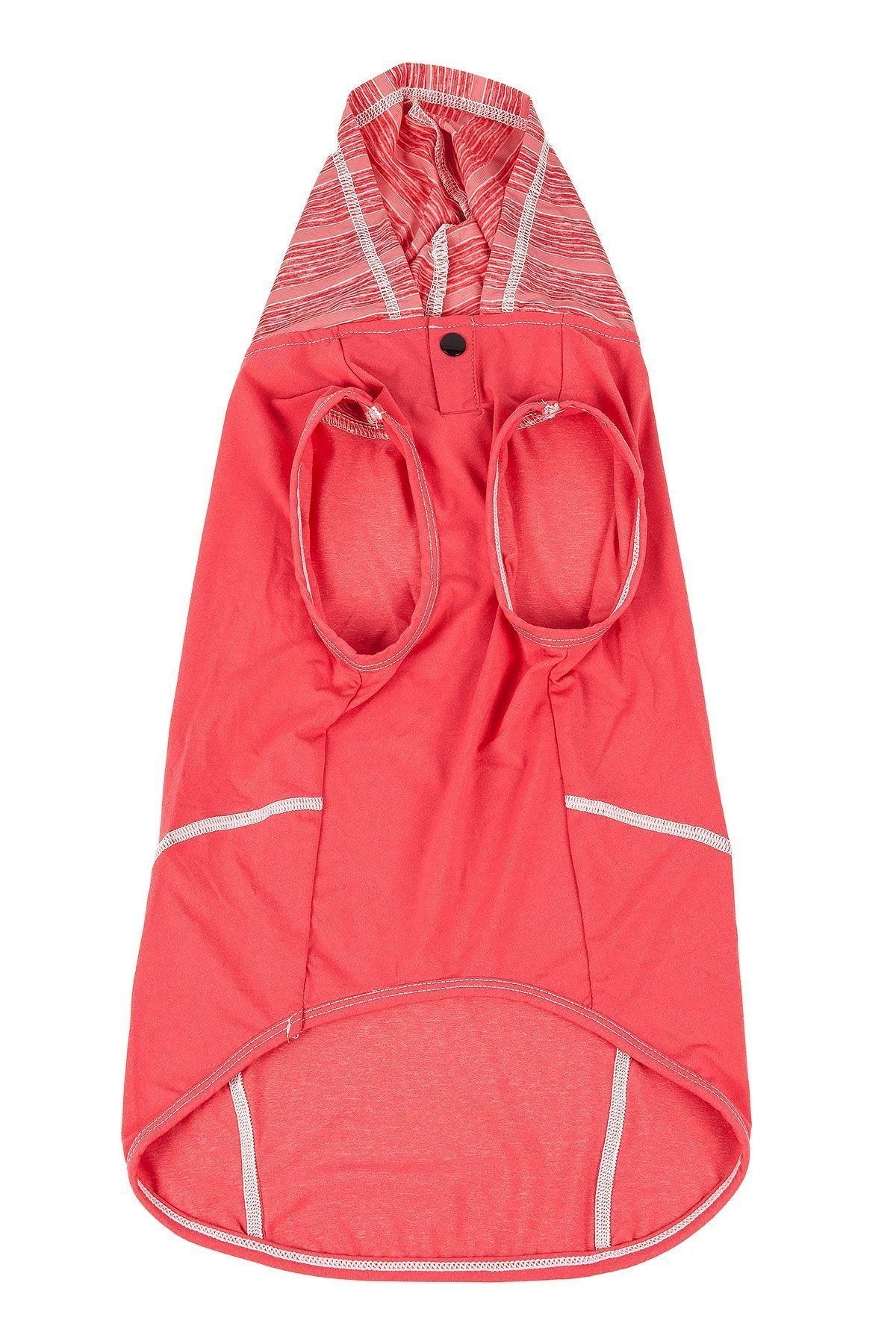 Coral-colored dog raincoat with white accents on a white background