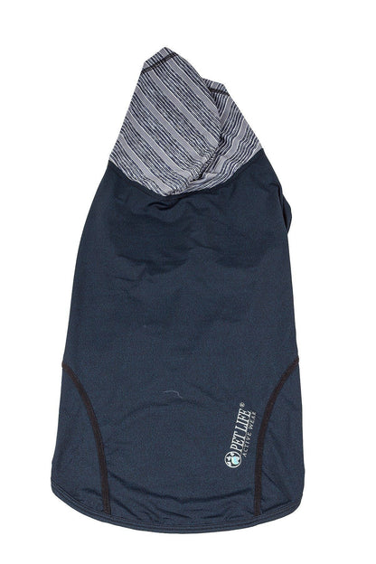 Navy blue dog coat with striped hood on a white background