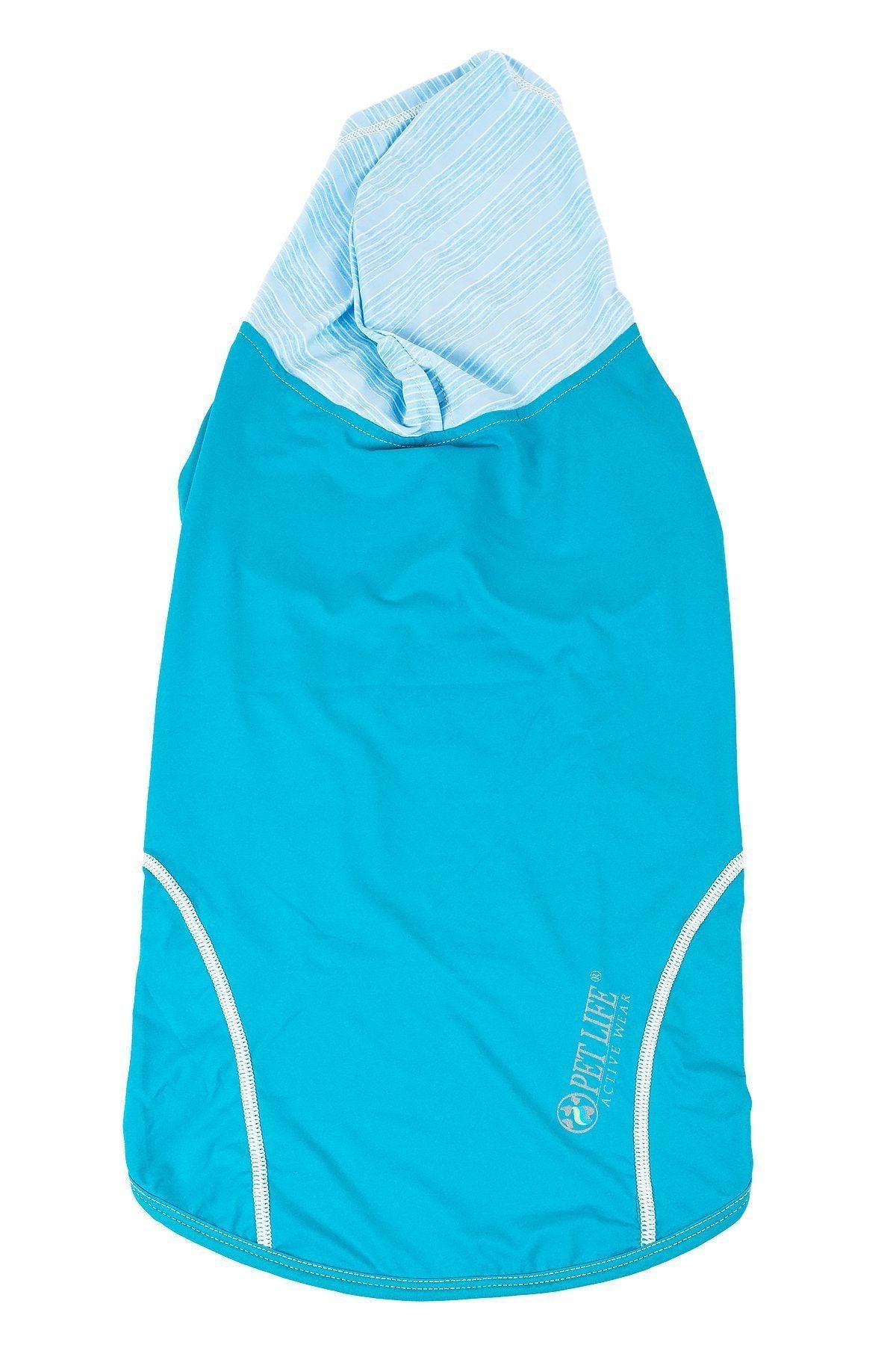 Blue dog hoodie with light blue lining on a white background