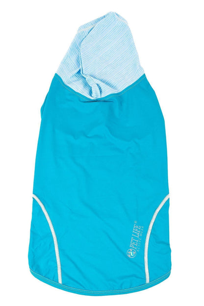Blue dog hoodie with light blue lining on a white background
