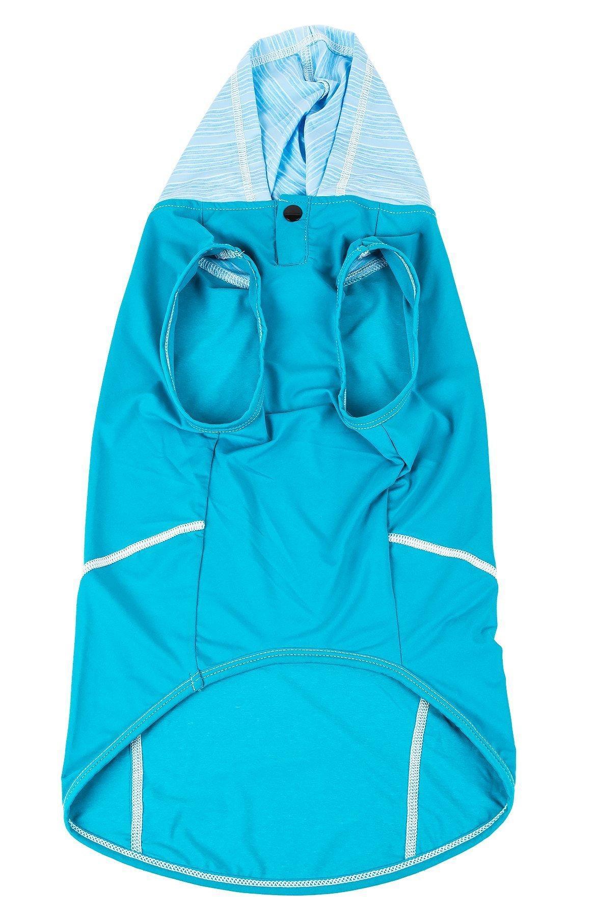 Blue dog raincoat with a hood on a white background
