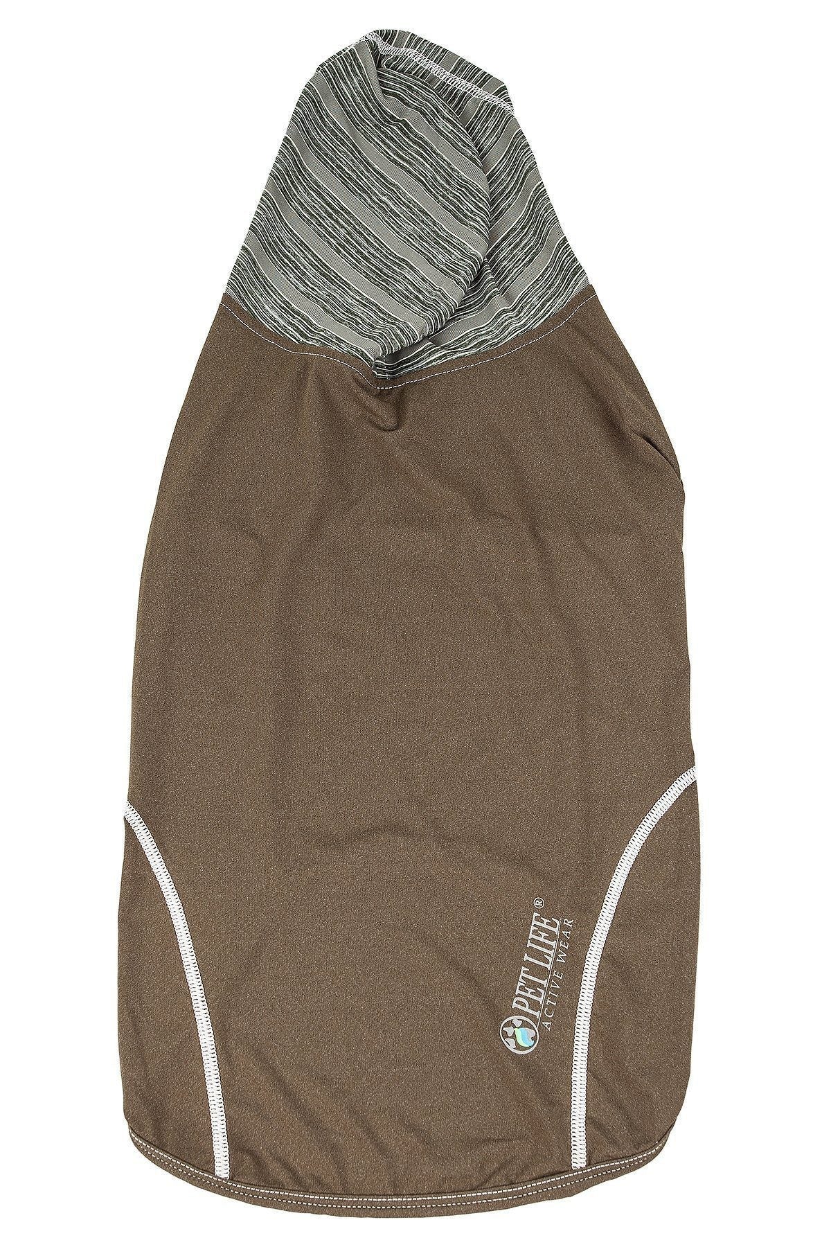 Brown pet coat with a striped hood on a white background