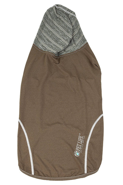 Brown pet coat with a striped hood on a white background